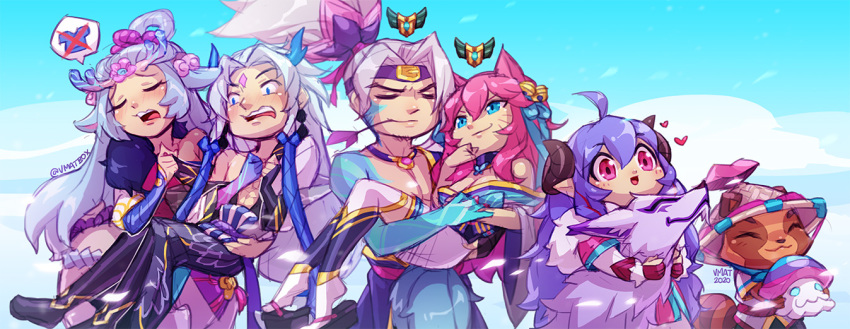 2020, 3boys, 3girls, :3, ahoge, ahri_(league_of_legends), animal_ears, artist_name