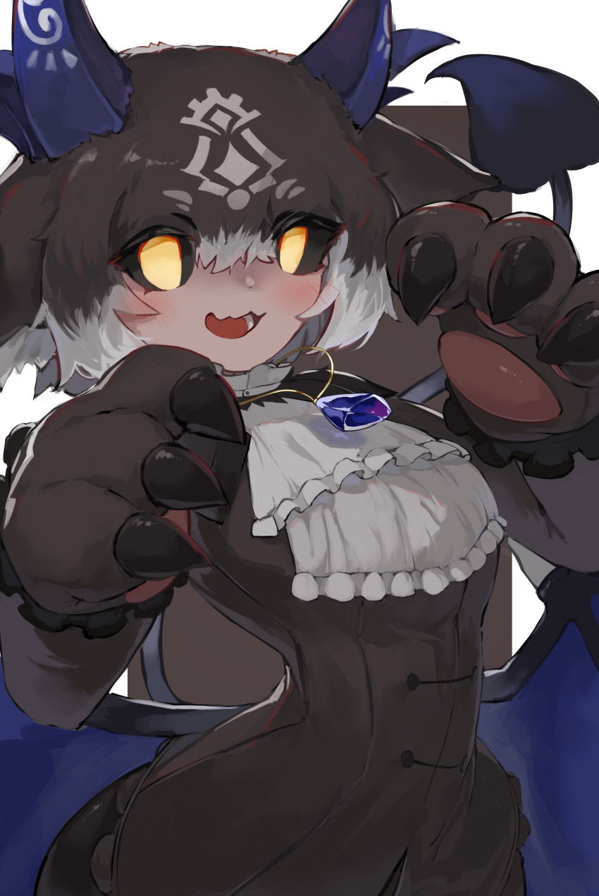 1girl, :3, :d, absurdres, animal_hands, ascot, black_sclera, blush