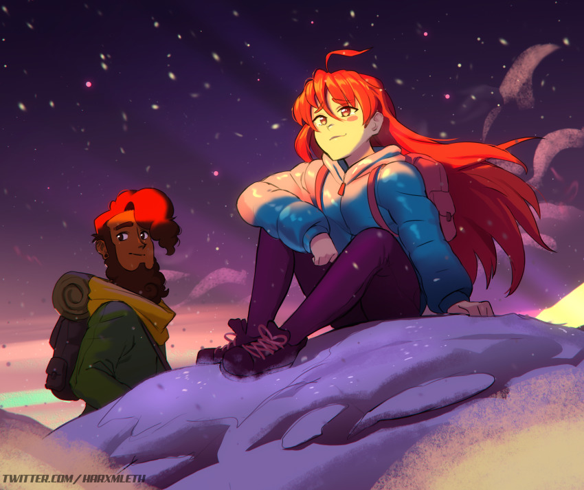 1boy, 1girl, absurdres, ahoge, aqua_jacket, backpack, bag, blush, blush_stickers, celeste_(game), coat, full_body, green_jacket, highres, jacket, long_hair, madeline_(celeste), mleth, night, orange_hair, outdoors, pants, pink_bag, purple_pants, scarf, sitting, sky, smile, theo_(celeste), twitter_username, very_long_hair, winter_clothes, winter_coat, yellow_scarf