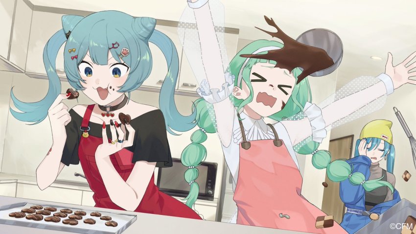 >_<, 3girls, :d, :t, animal_(vocaloid), apron, aqua_hair, arms_up