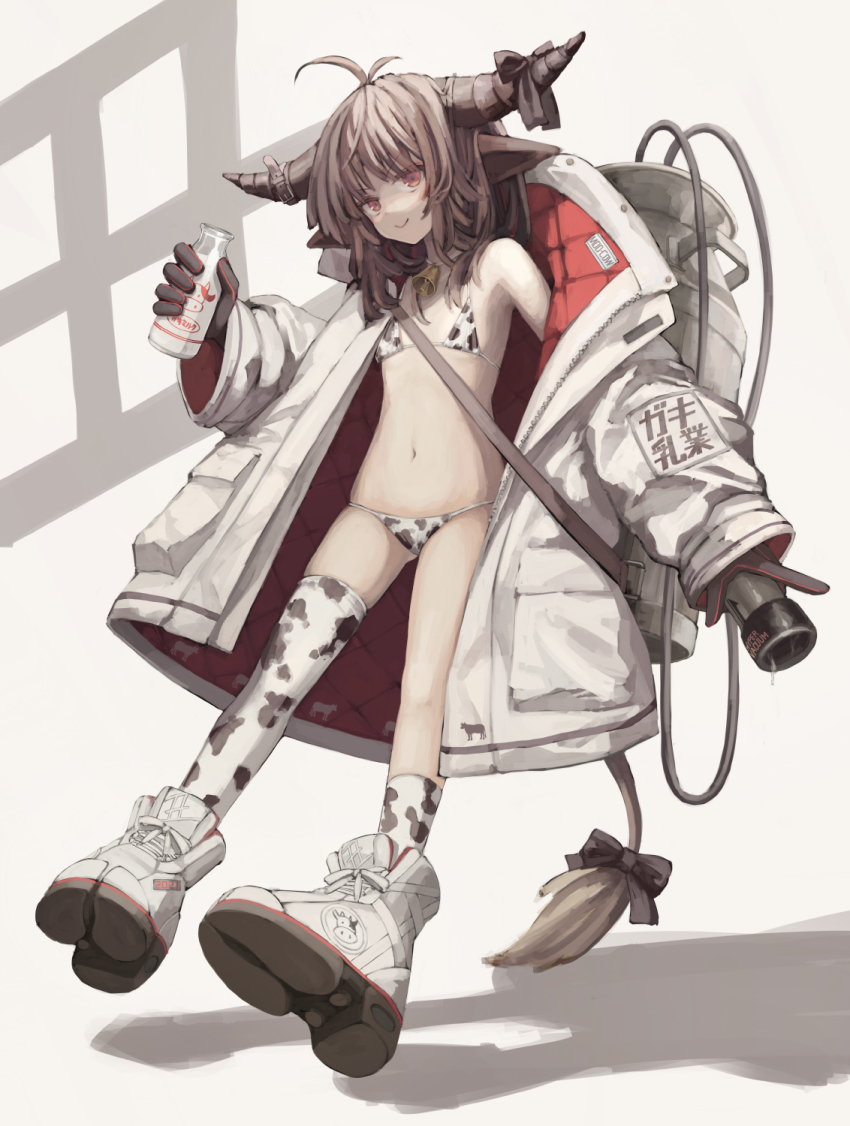 1girl, :>, animal_ears, animal_print, antenna_hair, aqua_pupils, bare_shoulders, bell