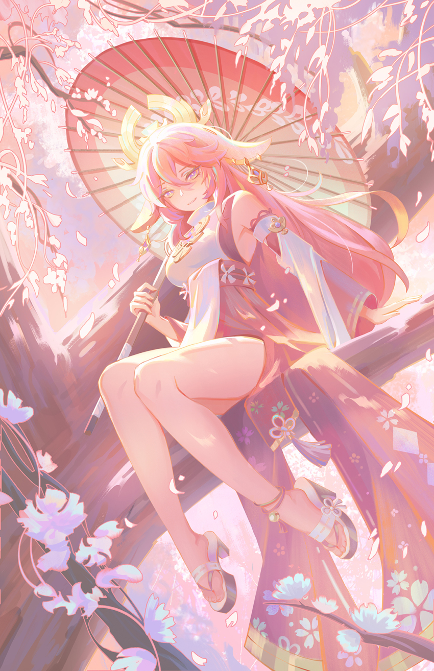 1girl, animal_ears, armpit_crease, bare_legs, bare_shoulders, blouse, breasts, cherry_blossoms, closed_mouth, commentary, detached_sleeves, dress, falling_petals, fox_ears, from_below, full_body, genshin_impact, grin, hair_between_eyes, highres, holding, holding_umbrella, jessica_wijaya, legs, long_hair, looking_at_viewer, medium_breasts, oil-paper_umbrella, okobo, petals, pink_hair, platform_sandals, purple_eyes, sandals, shirt, sitting, sleeveless, sleeveless_dress, smile, solo, sunlight, thighs, tree, turtleneck, turtleneck_dress, umbrella, white_dress, white_shirt, wide_sleeves, yae_miko