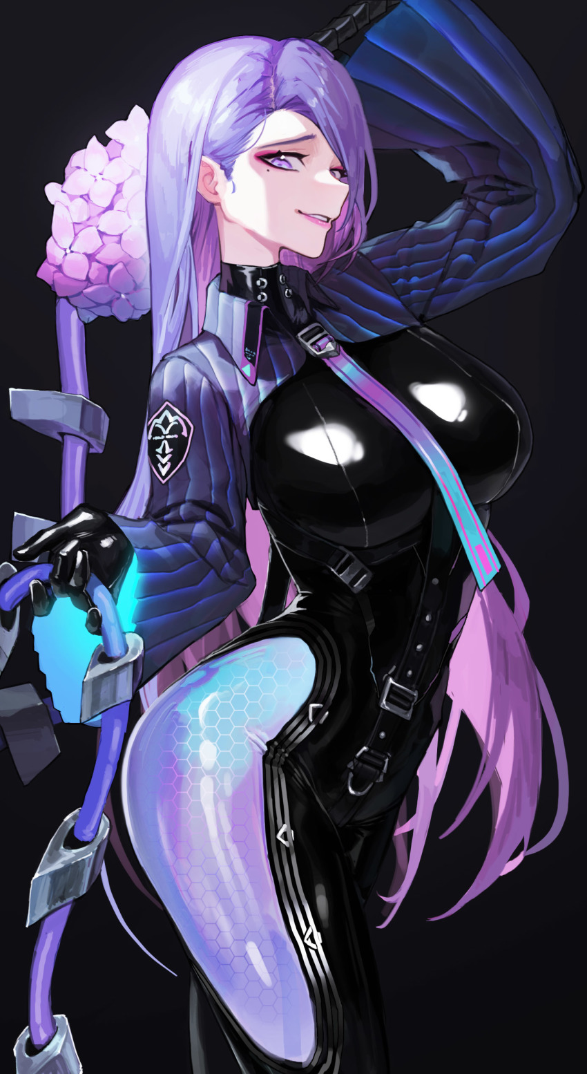 1girl, absurdres, asymmetrical_bangs, black_background, black_bodysuit, black_survival, bodysuit, breasts, cowboy_shot, eternal_return:_black_survival, highres, holding, holding_whip, honeycomb_(pattern), large_breasts, laura_(black_survival), long_hair, looking_at_viewer, mole, mole_under_eye, purple_eyes, purple_hair, simple_background, skin_tight, solo, tunamayo_(dsasd751), whip