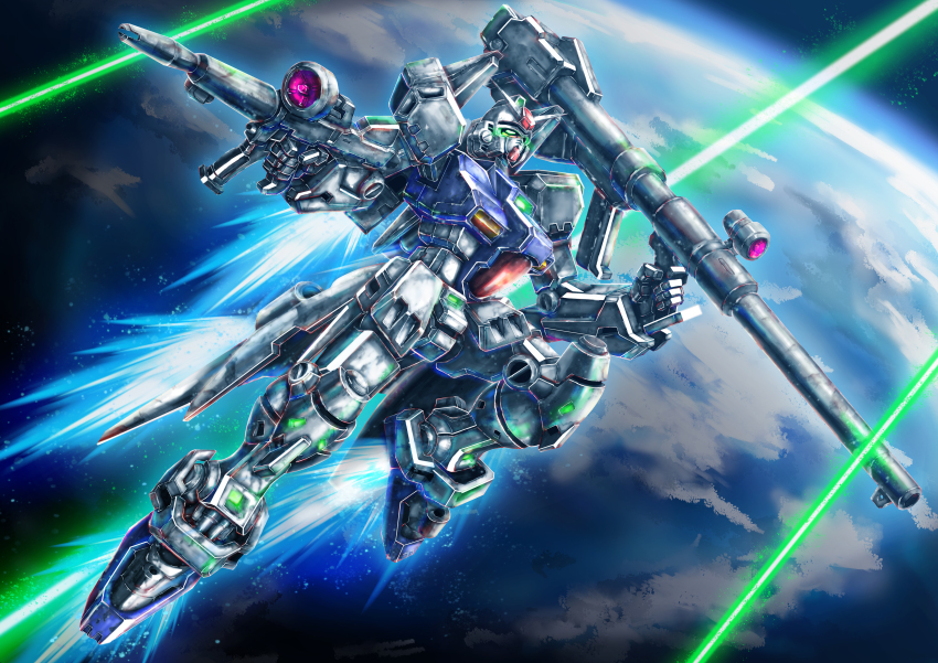 absurdres, beam_rifle, dual_wielding, earth_(planet), energy, energy_beam, energy_gun, flying