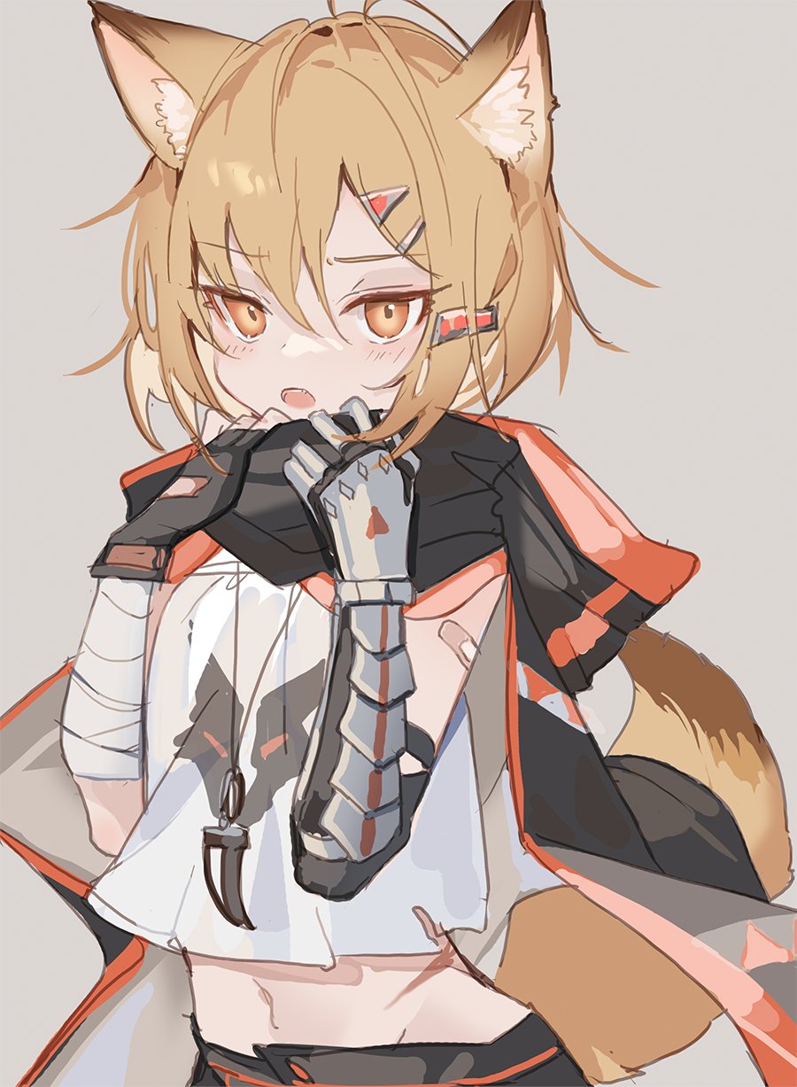 1girl, animal_ears, antenna_hair, arknights, awa_iro, bandaid, bandaid_on_arm, black_cape, black_shorts, blonde_hair, cape, crop_top, artistic_error, female_focus, fox_ears, fox_girl, fox_tail, grey_background, hair_ornament, hairclip, hands_up, highres, hood, hood_down, hooded_cape, jewelry, light_blush, looking_at_viewer, navel, necklace, open_mouth, orange_eyes, prosthesis, prosthetic_arm, shirt, short_hair, shorts, simple_background, solo, tail, teeth, tooth_necklace, upper_teeth_only, vermeil_(arknights), white_shirt