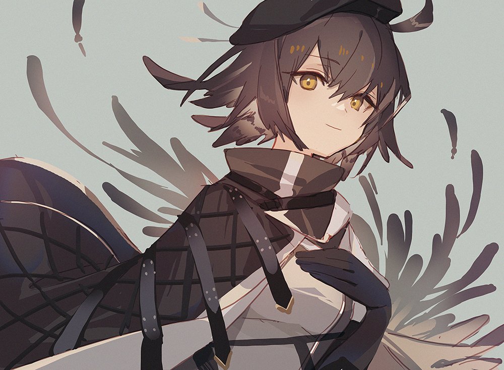 1girl, ahoge, arknights, awa_iro, beret, black_cape, black_gloves, black_hat