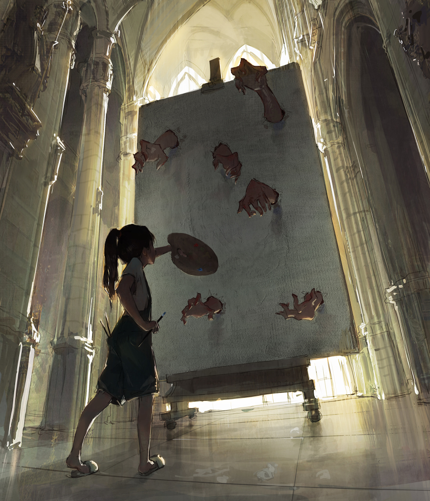 1girl, arm_up, canvas_(object), column, curtains, dino_(dinoartforame), disembodied_hand, easel