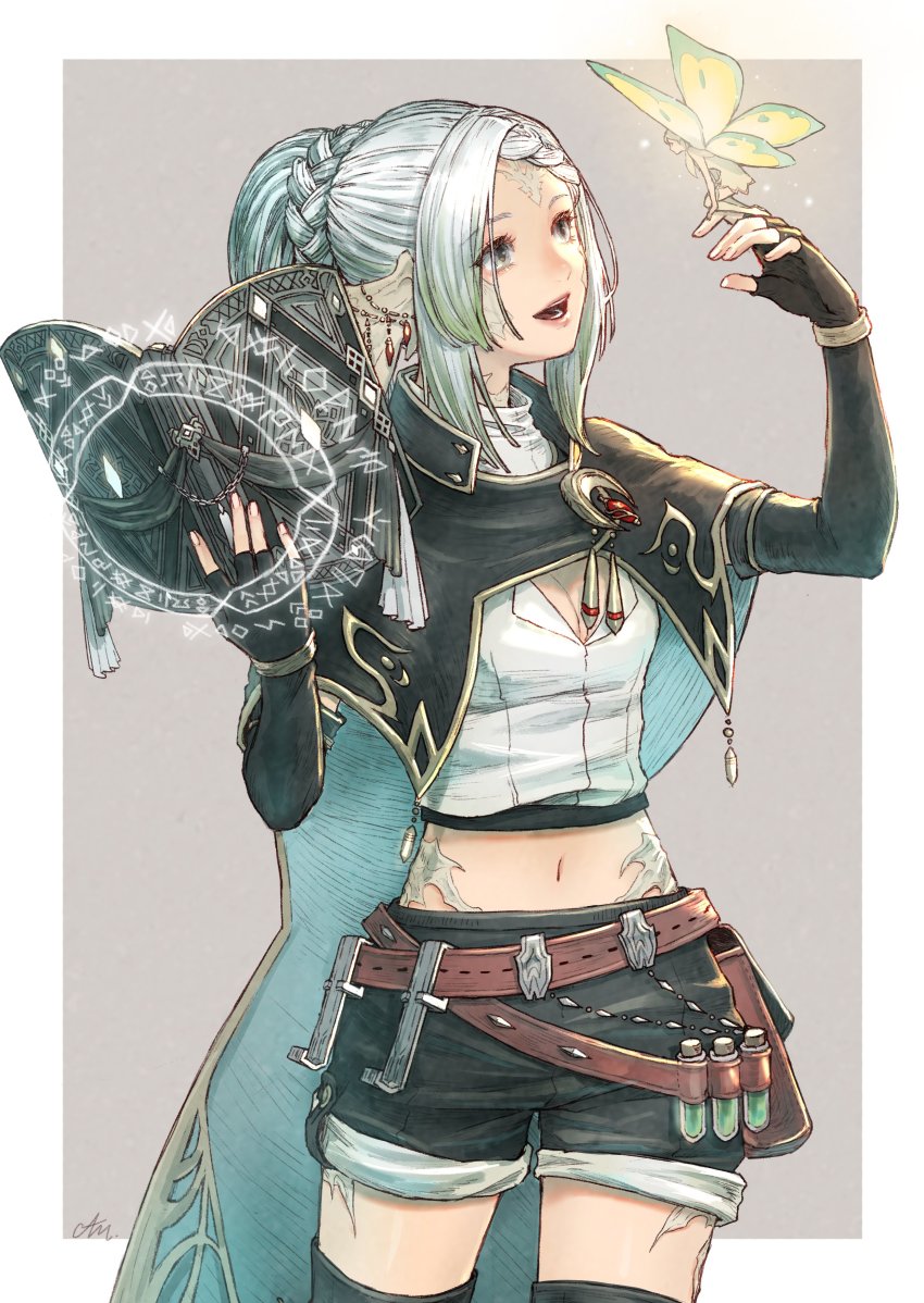 1girl, 1other, absurdres, au_ra, belt, black_shorts, book, braid