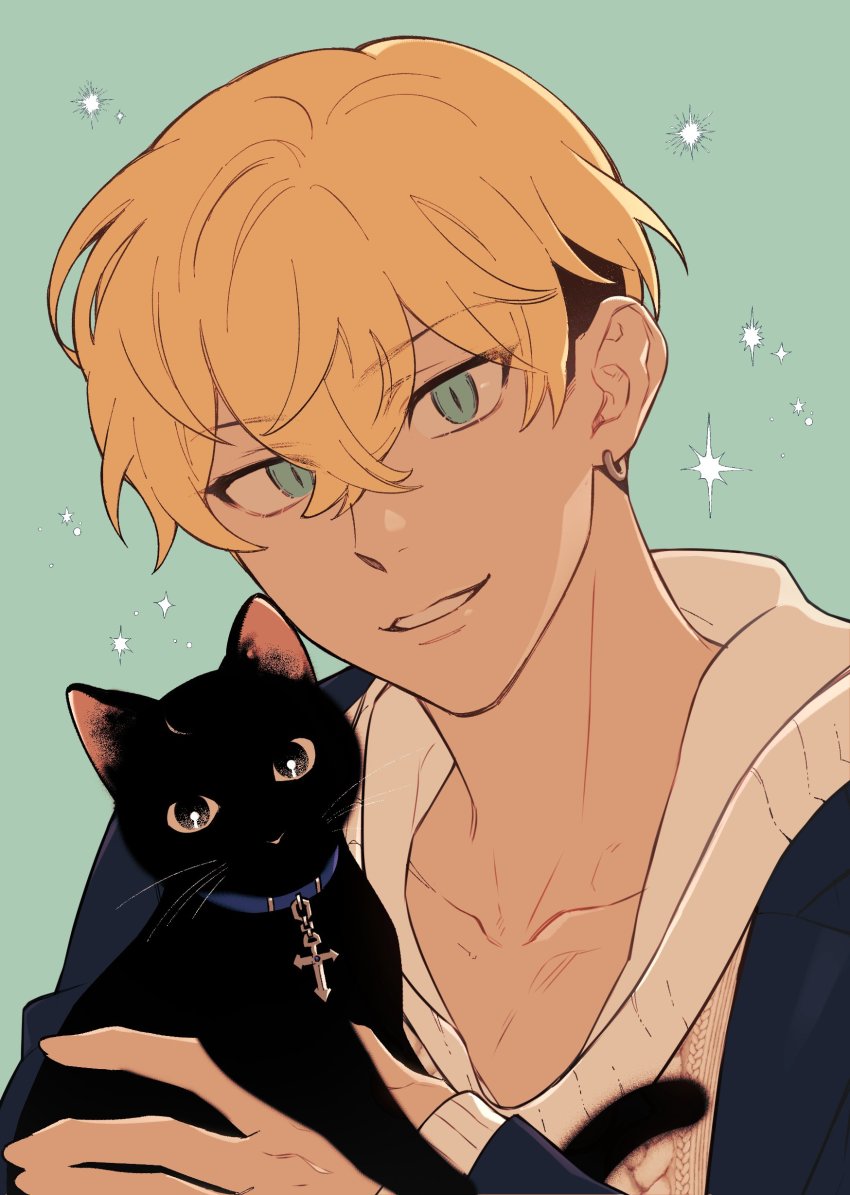 1boy, absurdres, animal, black_cat, black_hair, blonde_hair, blue_background, blue_eyes
