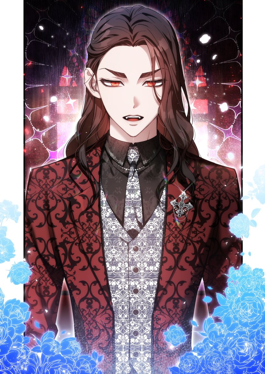 1boy, absurdres, baji_keisuke, black_hair, black_shirt, blue_flower, collared_shirt, dress_shirt, flower, formal_clothes, grey_necktie, grey_vest, highres, jacket, long_hair, looking_at_viewer, lululu_32, male_focus, necktie, open_mouth, red_eyes, red_jacket, red_suit, shirt, solo, suit, tokyo_revengers, upper_body, vest