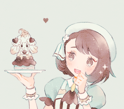 1girl, :d, alcremie, apron, ascot, blush, bob_cut, brown_eyes