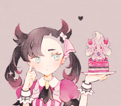 1girl, alcremie, alcremie_(strawberry_sweet), ascot, asymmetrical_bangs, blush, brown_hair, cake