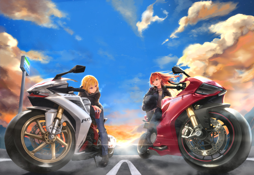 2girls, absurdres, ankle_boots, arisugawa_natsuha, black_eyes, black_footwear, black_jacket, blonde_hair, blue_sky, boots, cloud, commentary_request, cup, denim, disposable_cup, ducati_1199, unworn_headwear, helmet, unworn_helmet, highres, honda_cbr250rr, hood, hoodie, idolmaster, idolmaster_shiny_colors, inumantle, jacket, jeans, leather, leather_jacket, long_hair, looking_at_another, motor_vehicle, motorcycle, multiple_girls, orange_hair, pants, purple_eyes, saijo_juri, short_hair, sky, sunlight, sunset, twilight