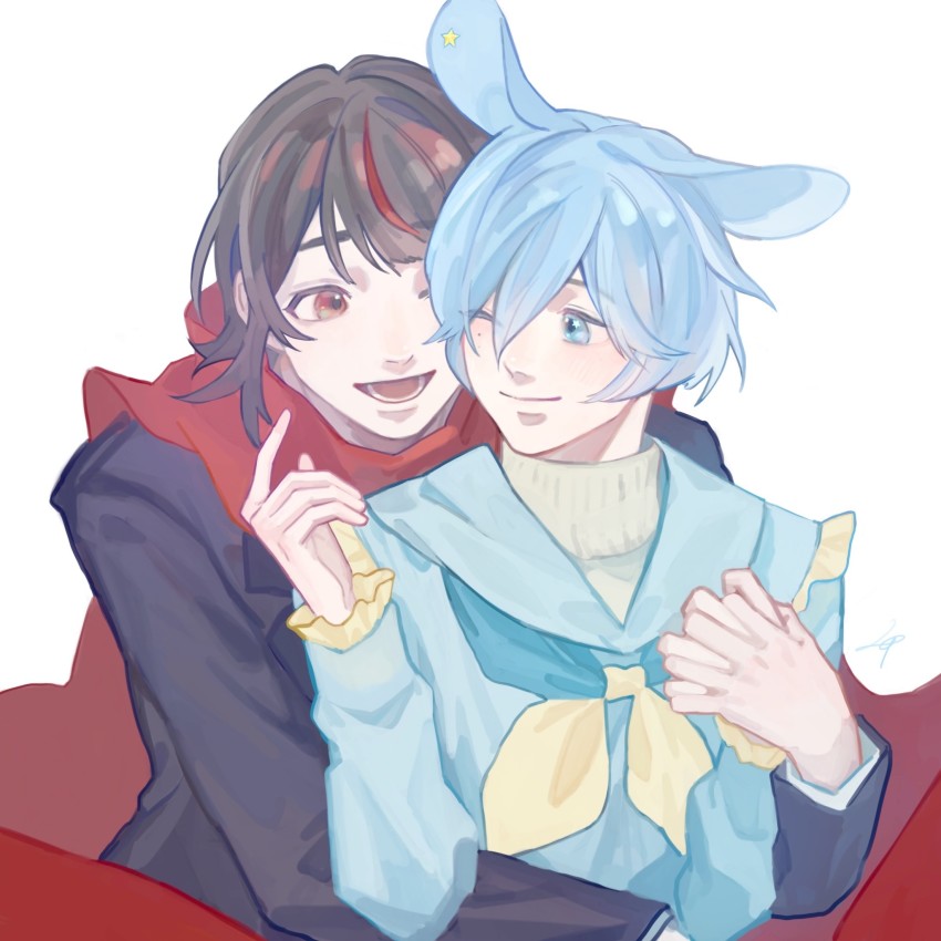 2boys, aino0219, animal_ears, black_hair, blue_eyes, blue_hair, blush, dream_e