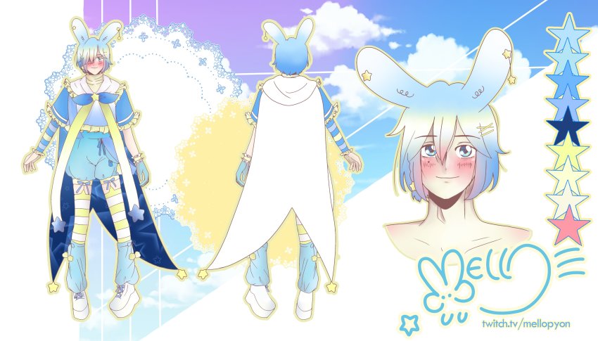 1boy, absurdres, animal_ears, blue_eyes, blue_hair, blush, reference_sheet, dream_e