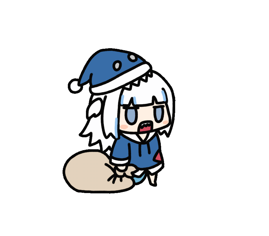 1girl, animal_costume, animated, animated_gif, bag, blue_eyes, blue_hair, blue_hat, blue_hoodie, blunt_bangs, blush_stickers, chinese_commentary, commentary, english_commentary, fins, fish_tail, fur-trimmed_headwear, fur_trim, fuwafuwa_35, gawr_gura, gawr_gura_(1st_costume), hair_ornament, hat, holding, holding_bag, holding_sack, hololive, hololive_english, hood, hoodie, jitome, long_sleeves, looping_animation, meme, mixed-language_commentary, multicolored_hair, open_mouth, padoru_(meme), rectangular_mouth, sack, santa_hat, shark_costume, shark_girl, shark_hair_ornament, shark_tail, sharp_teeth, solo, streaked_hair, tail, teeth, transparent_background, two_side_up, virtual_youtuber