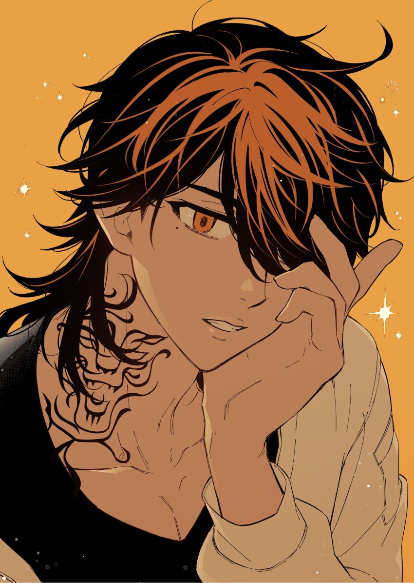 1boy, absurdres, black_hair, black_shirt, blonde_hair, collarbone, hair_over_one_eye, hanemiya_kazutora