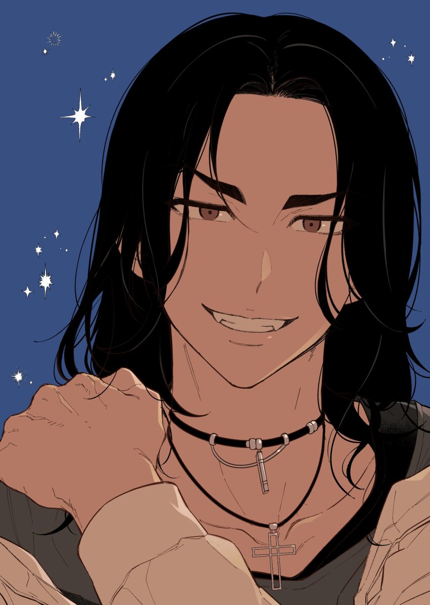 1boy, absurdres, baji_keisuke, black_eyes, black_hair, black_shirt, blue_background, collarbone, cross, cross_necklace, grin, hand_on_own_shoulder, highres, jacket, jewelry, long_hair, long_sleeves, looking_at_viewer, lululu_32, male_focus, necklace, shirt, smile, solo, sparkle, tokyo_revengers, upper_body, white_jacket