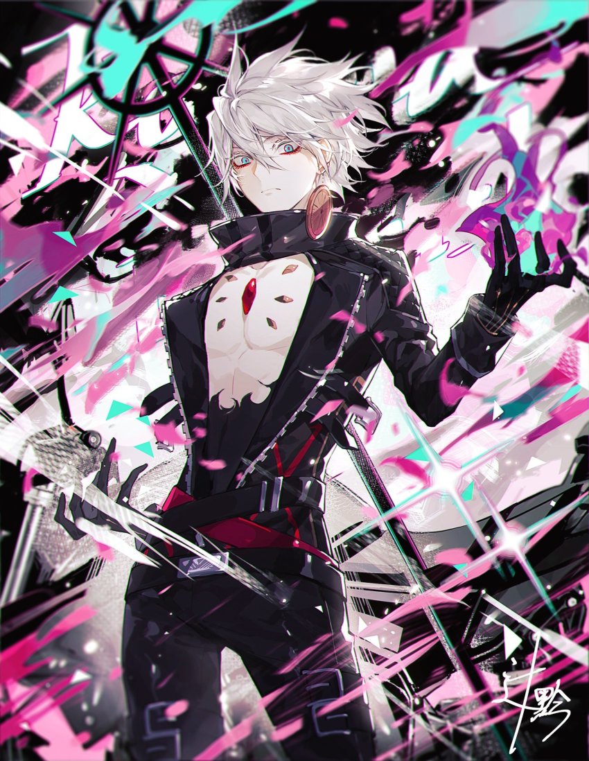 1boy, belt, bishounen, black_gloves, black_jacket, black_shirt, blue_eyes, blue_fire