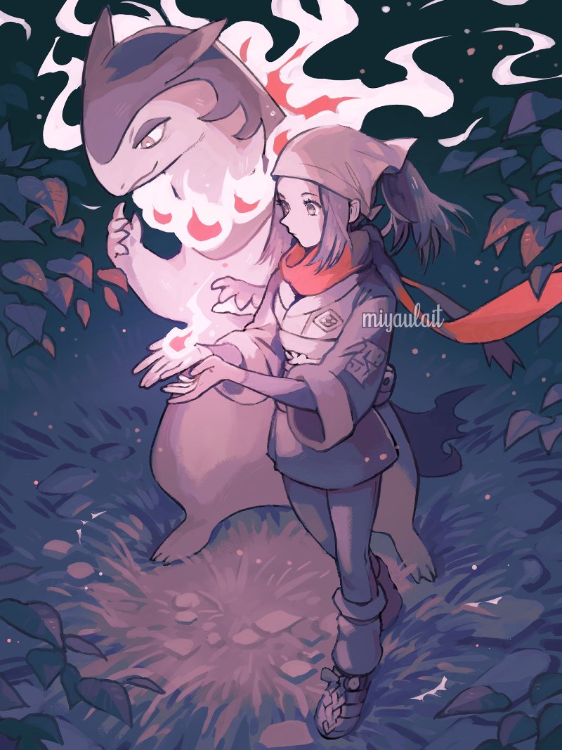 1girl, akari_(pokemon), artist_name, black_hair, closed_mouth, commentary, eyelashes, fire, grey_eyes, grey_jacket, headscarf, hisuian_typhlosion, jacket, long_hair, loose_socks, miyaulait, nintendo, pantyhose, pokemon, pokemon_(creature), pokemon_legends:_arceus, ponytail, red_scarf, scarf, shirt, shoes, sidelocks, skirt, socks, standing, untranslatable_commentary, watermark, white_headscarf, white_headwear