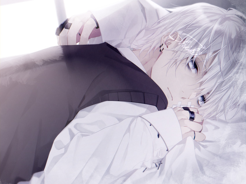 1boy, absurdres, blanket, cross, grey_eyes, grey_hair, highres, jewelry