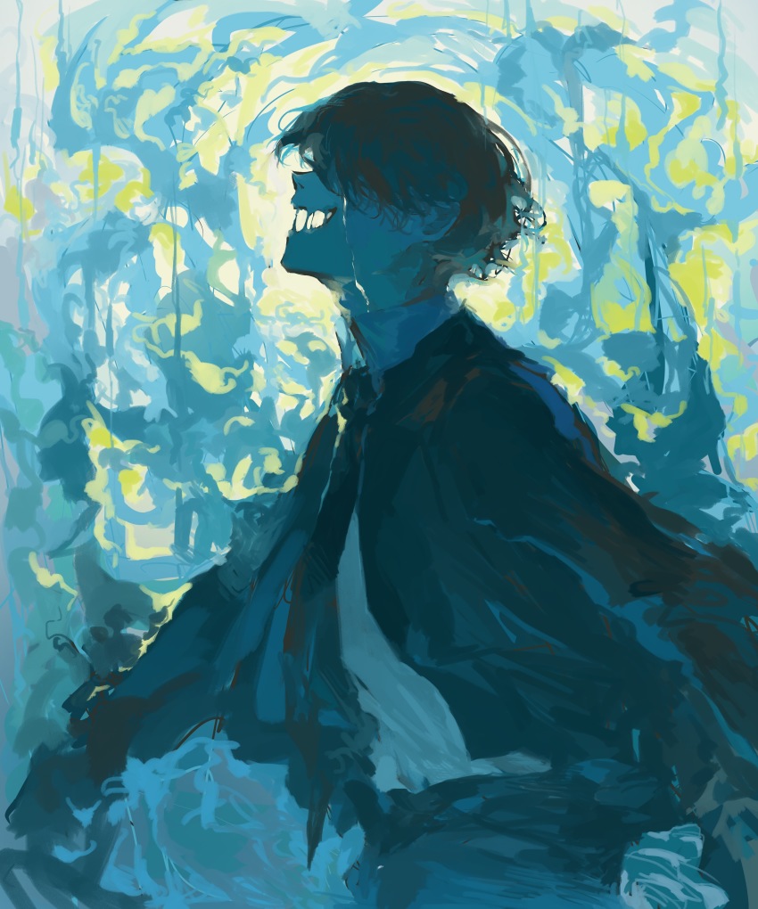 1boy, abstract_background, absurdres, black_hair, black_jacket, black_necktie, black_pants, chinese_commentary, commentary_request, crying, hidden_eyes, highres, jacket, ji26725339, klein_moretti, lord_of_the_mysteries, necktie, pants, saliva, saliva_trail, shirt, short_hair, solo, walking, white_shirt