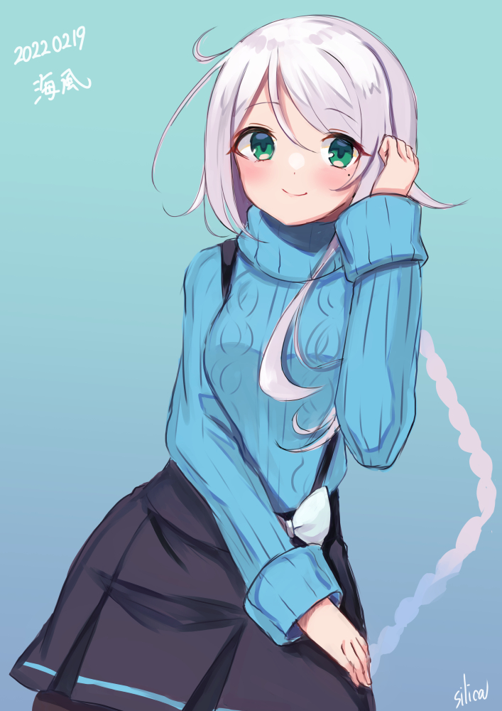 1girl, artist_name, black_skirt, blue_background, blue_sweater, braid, cable_knit, character_name