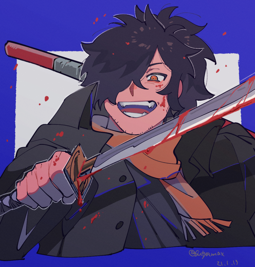 1boy, black_hair, blood, blood_on_clothes, blood_on_face, bloody_weapon, dated, fate/grand_order