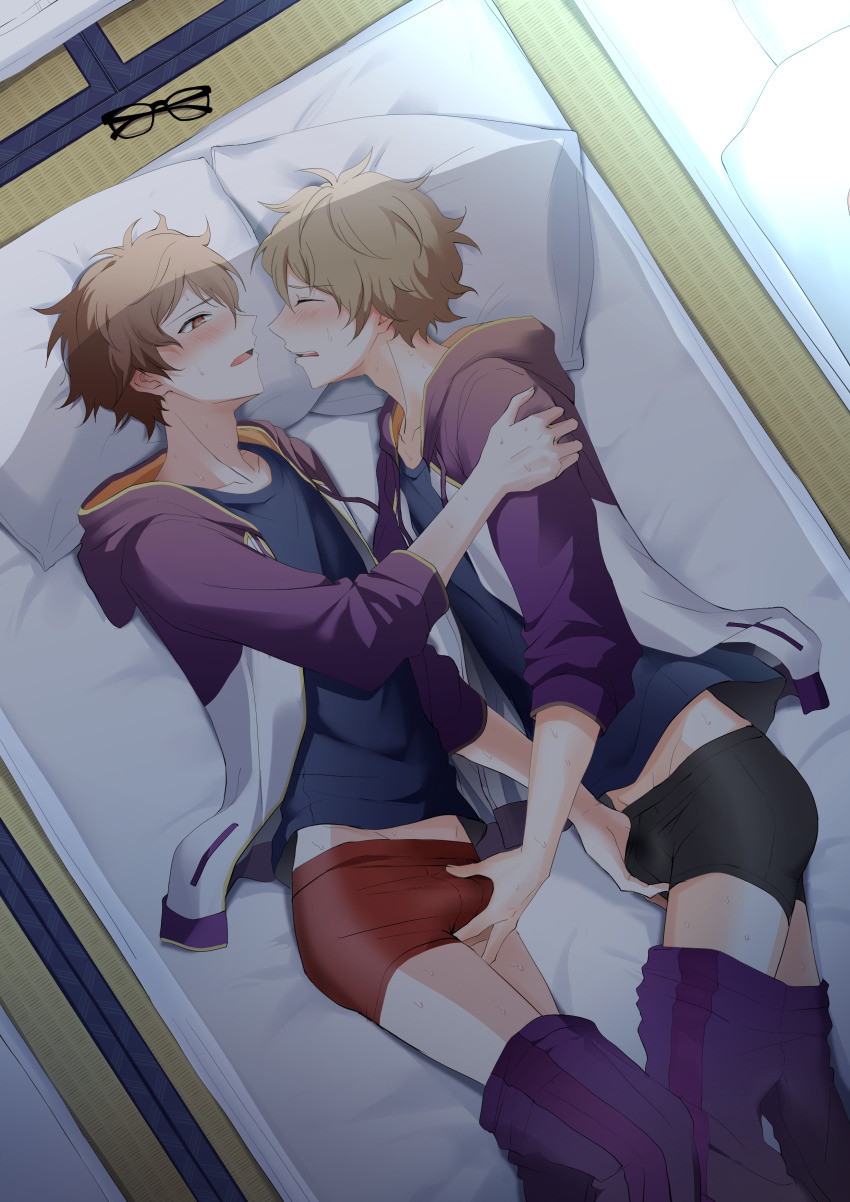 2boys, absurdres, black_boxer_briefs, blonde_hair, blush, boxer_briefs, brown_eyes, brown_hair, closed_eyes, clothes_pull, ensemble_stars!, glasses, highres, hood, hoodie, jacket, kindo, looking_at_viewer, lying, male_focus, male_underwear, morisawa_chiaki, multiple_boys, non-web_source, on_side, open_mouth, pants, pants_pull, grabbing_another's_penis, pillow, red_boxer_briefs, red_eyes, shirt, short_hair, simple_background, stomach, t-shirt, takamine_midori, testicle_grab, underwear, yaoi
