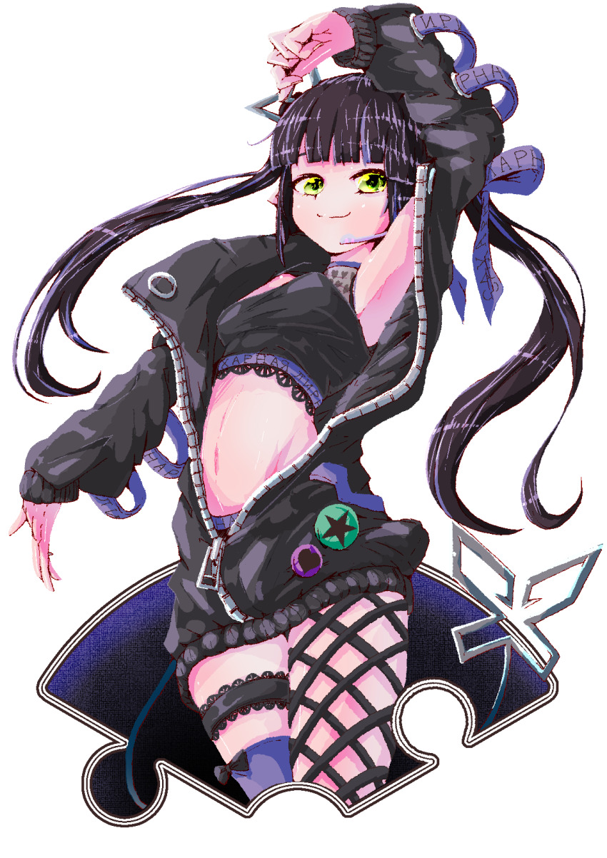 1girl, alternate_eye_color, arm_up, armpits, badge, bane_mk-2, black_hair, black_jacket