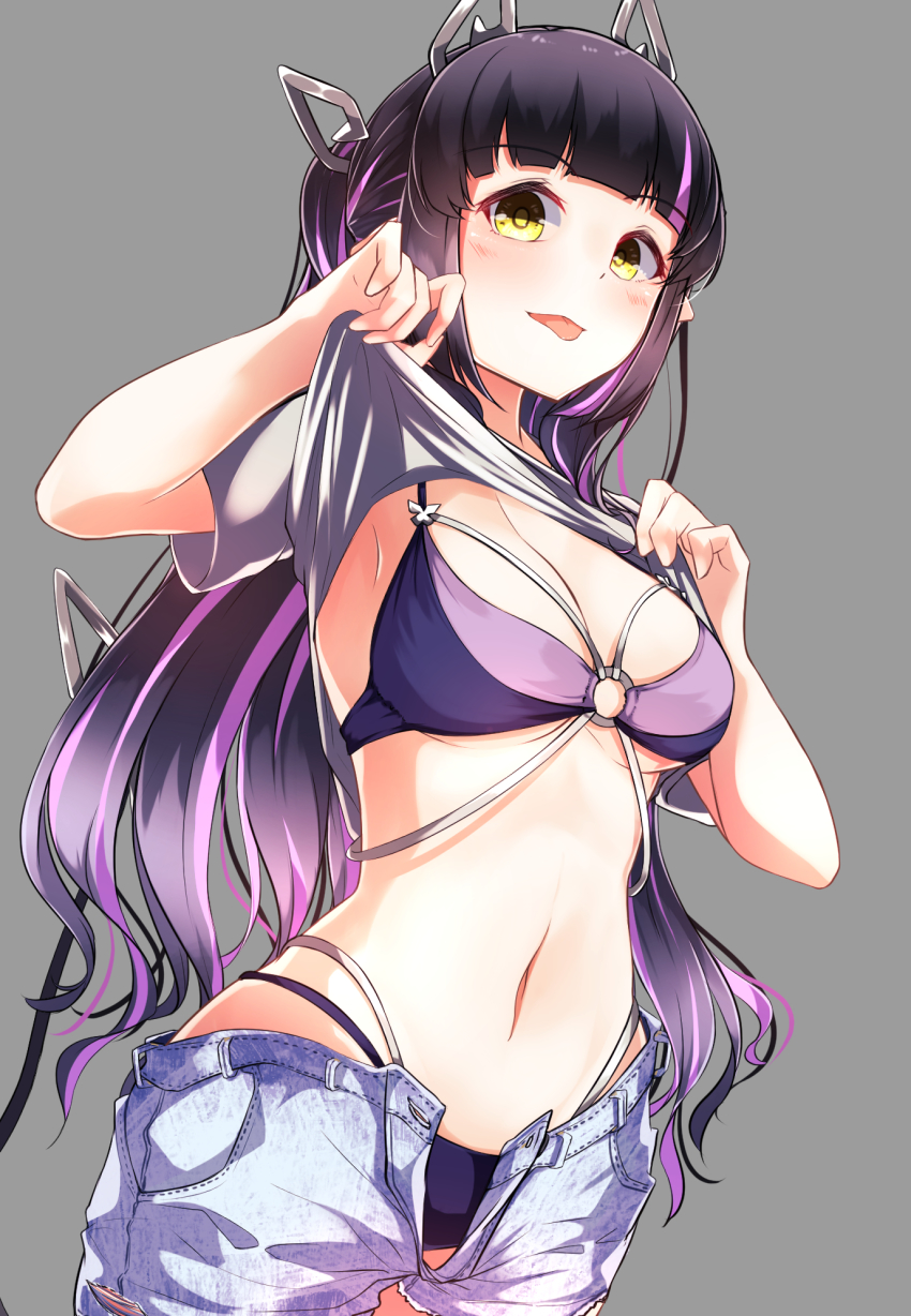 1girl, alternate_costume, alternate_hairstyle, bikini, bikini_under_clothes, black_hair, blue_shorts, blunt_bangs, blush, breasts, cleavage, clothes_lift, commentary_request, cowboy_shot, dameyoshi, demon_girl, demon_horns, demon_tail, grey_background, grey_shirt, highres, horns, kojo_anna, long_hair, looking_at_viewer, medium_breasts, multicolored_hair, nanashi_inc., navel, o-ring, o-ring_bikini, open_fly, open_mouth, pointy_ears, purple_bikini, shirt, shirt_lift, short_sleeves, shorts, simple_background, smile, solo, swimsuit, tail, tongue, tongue_out, two-tone_hair, undressing, virtual_youtuber, yellow_eyes
