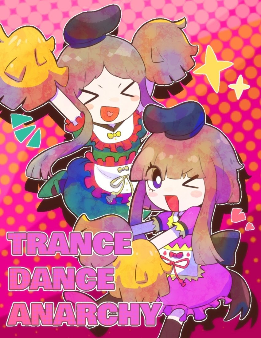 >_<, 2girls, apron, arms_up, back_bow, black_headwear, blush, bow