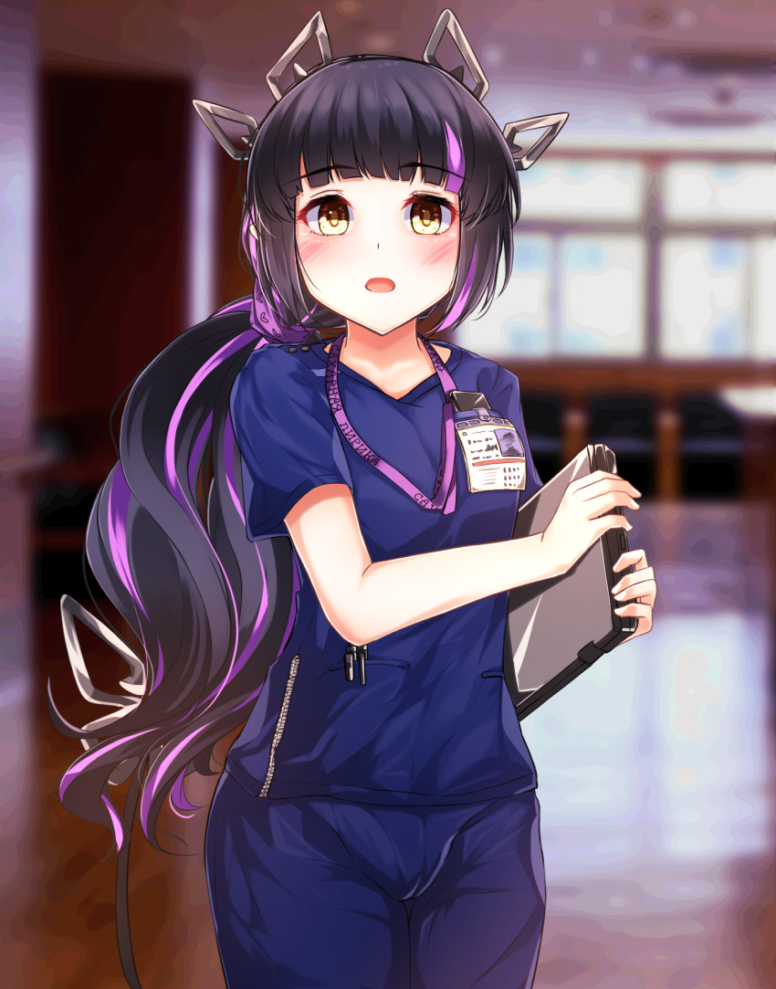 1girl, alternate_costume, alternate_hairstyle, black_hair, blue_pants, blue_shirt, blunt_bangs, blurry