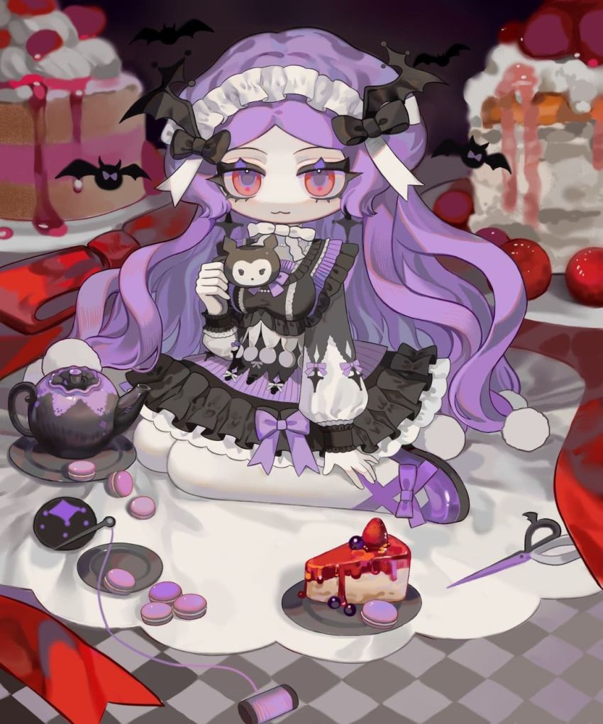 3di_project, bat_wings, cake, cake_slice, drudrusilla_purple, eyelashes, food, full_body