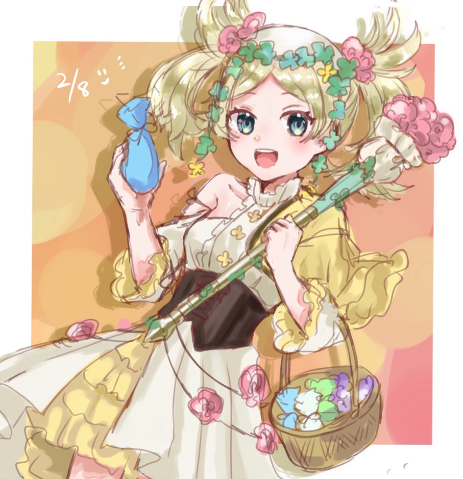 1girl, :d, basket, blonde_hair, blue_eyes, dated, dress, elbow_carry