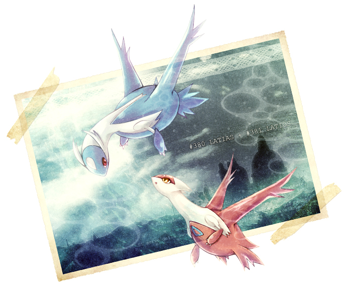 character_name, flying, gen_3_pokemon, kotori_(lycka), latias, latios, legendary_pokemon, looking_down, looking_up, nintendo, no_humans, photo_(object), pokedex_number, pokemon, pokemon_(creature), red_eyes, tape, yellow_eyes