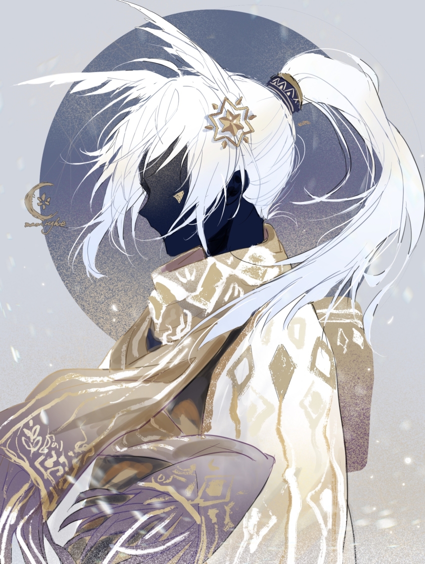 dark_skin, grey_hair, hair_ornament, high_ponytail, highres, long_hair, mimizuku_(sky:_children_of_the_light), pointy_hair