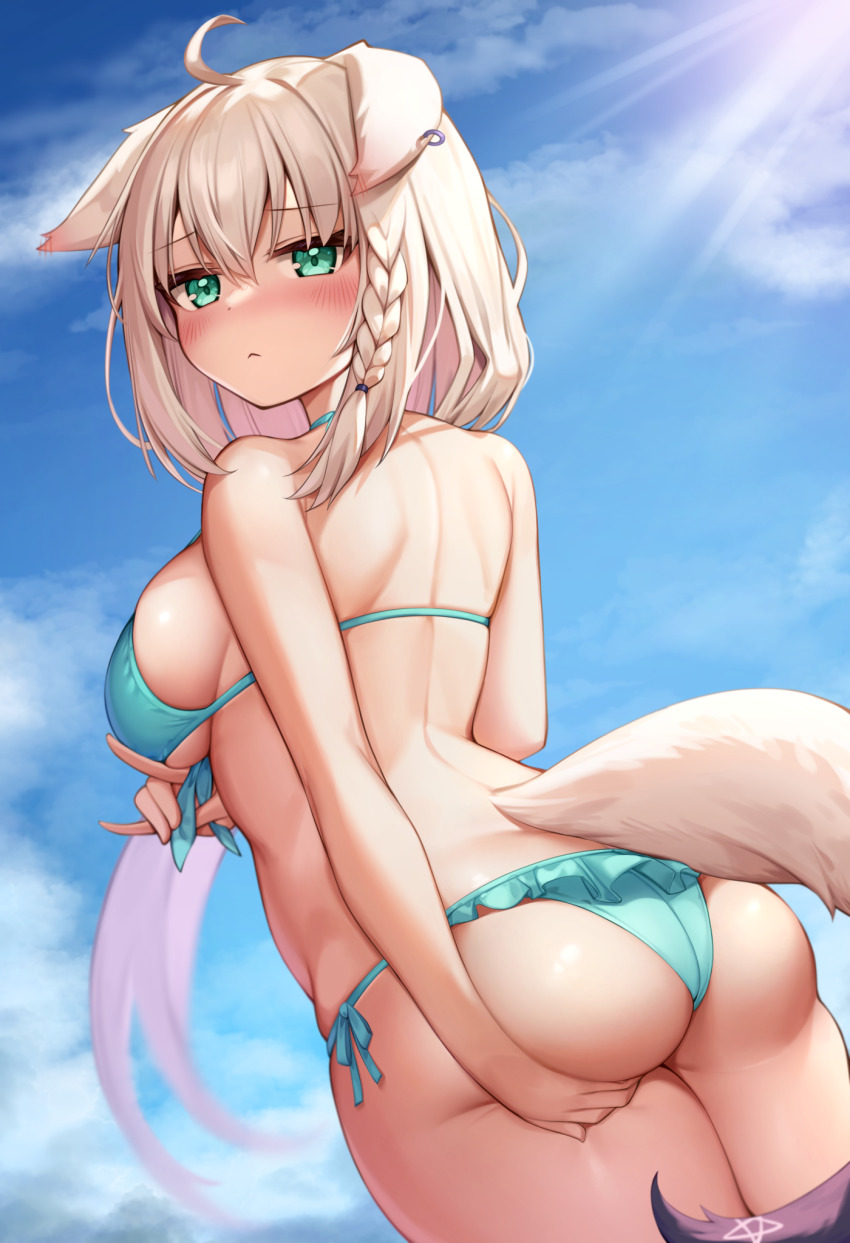 1girl, animal_ears, arm_under_breasts, bikini, blue_bikini, blush, braid, breasts