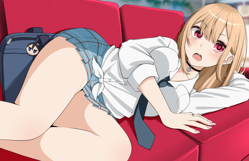 1girl, absurdres, arm_behind_head, arm_support, bag, barbell_piercing, black_choker, blonde_hair