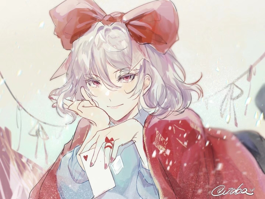 1girl, artist_name, blunt_bangs, bow, confetti_cousin, hair_bow, hairband, heart