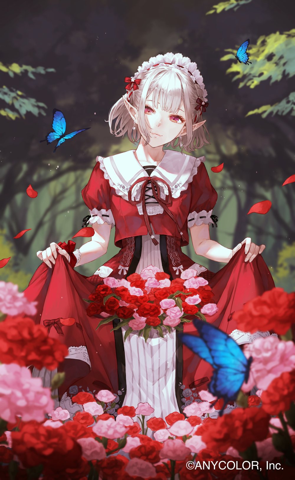 1girl, bug, butterfly, closed_mouth, clothes_lift, day, dress, dress_lift, elu_(8th_costume)_(nijisanji), elu_(nijisanji), forest, grey_hair, head_tilt, highres, insect, kaoming, looking_at_viewer, maid_headdress, medium_hair, nature, neck_ribbon, nijisanji, official_art, outdoors, pale_skin, pointy_ears, puffy_short_sleeves, puffy_sleeves, red_eyes, red_ribbon, red_shirt, ribbon, shirt, short_sleeves, skirt_basket, smile, solo, virtual_youtuber