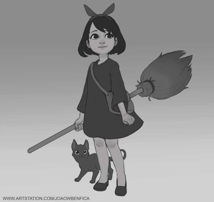 1girl, absurdres, bag, bow, broom, cat, dress, full_body