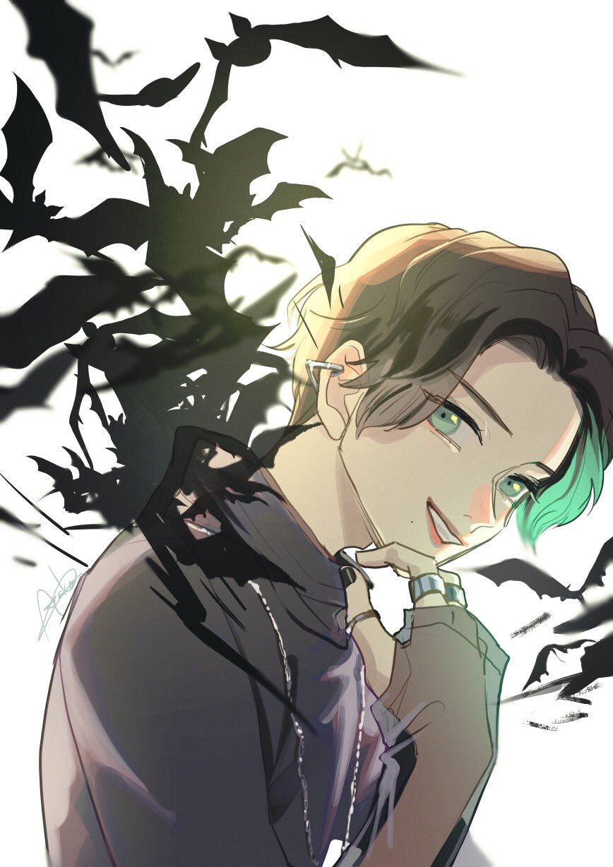 1boy, bat_(animal), black_hair, black_nails, black_shirt, ear_piercing, flower, glowing