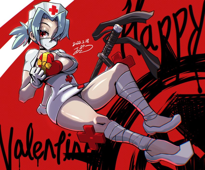 +_+, 1girl, blue_hair, box, box_of_chocolates, breasts, cleavage, clothes_pull