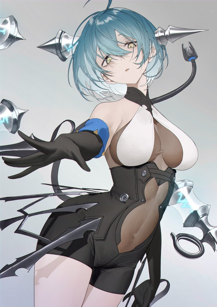 1girl, ahoge, aqua_hair, bare_shoulders, black_gloves, black_shorts, bodystocking, breasts, cable, cable_tail, commentary, covered_navel, cowboy_shot, elbow_gloves, frankenstein_(masterwork_apocalypse), gloves, gradient_background, grey_background, hair_between_eyes, halterneck, high-waist_shorts, highres, kaoruko_(unkrk55), large_breasts, looking_at_viewer, masterwork_apocalypse, mechanical_tail, parted_lips, shorts, solo, tail, yellow_eyes