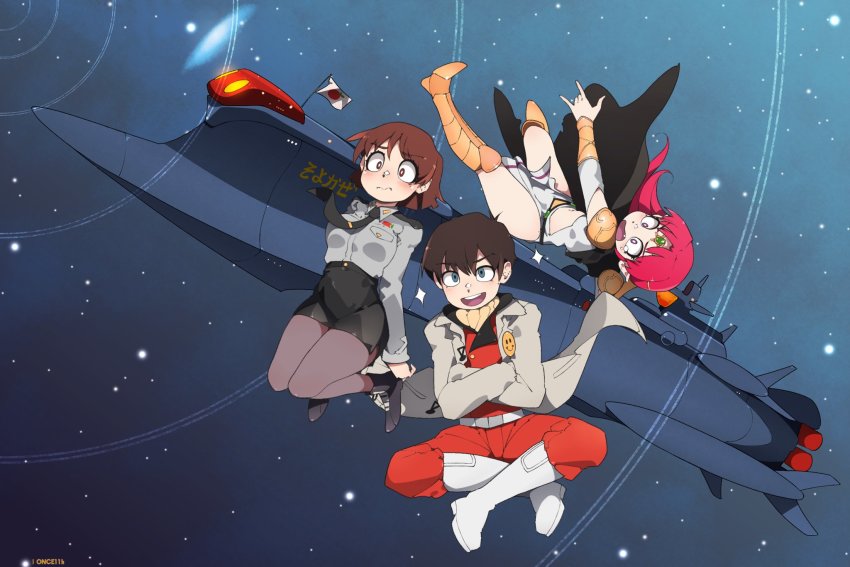 1boy, 2girls, black_legwear, black_necktie, black_skirt, blue_eyes, brown_eyes, brown_hair