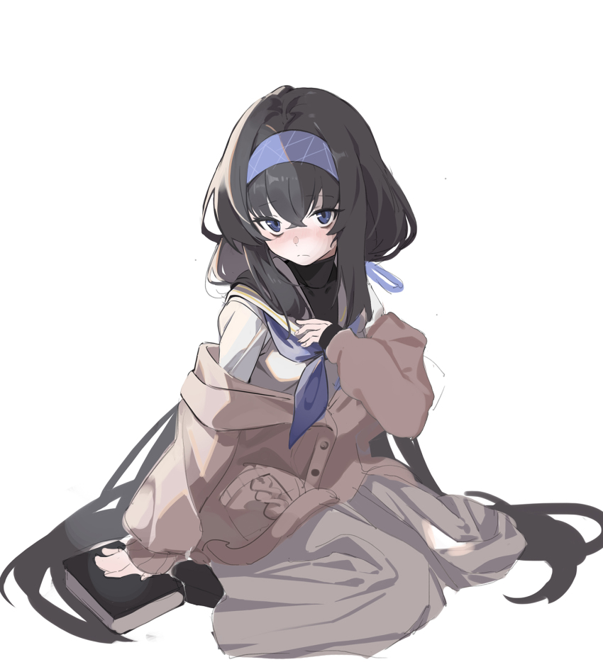 1girl, bags_under_eyes, black_hair, blue_archive, blue_eyes, blue_headband, blue_neckerchief, blush