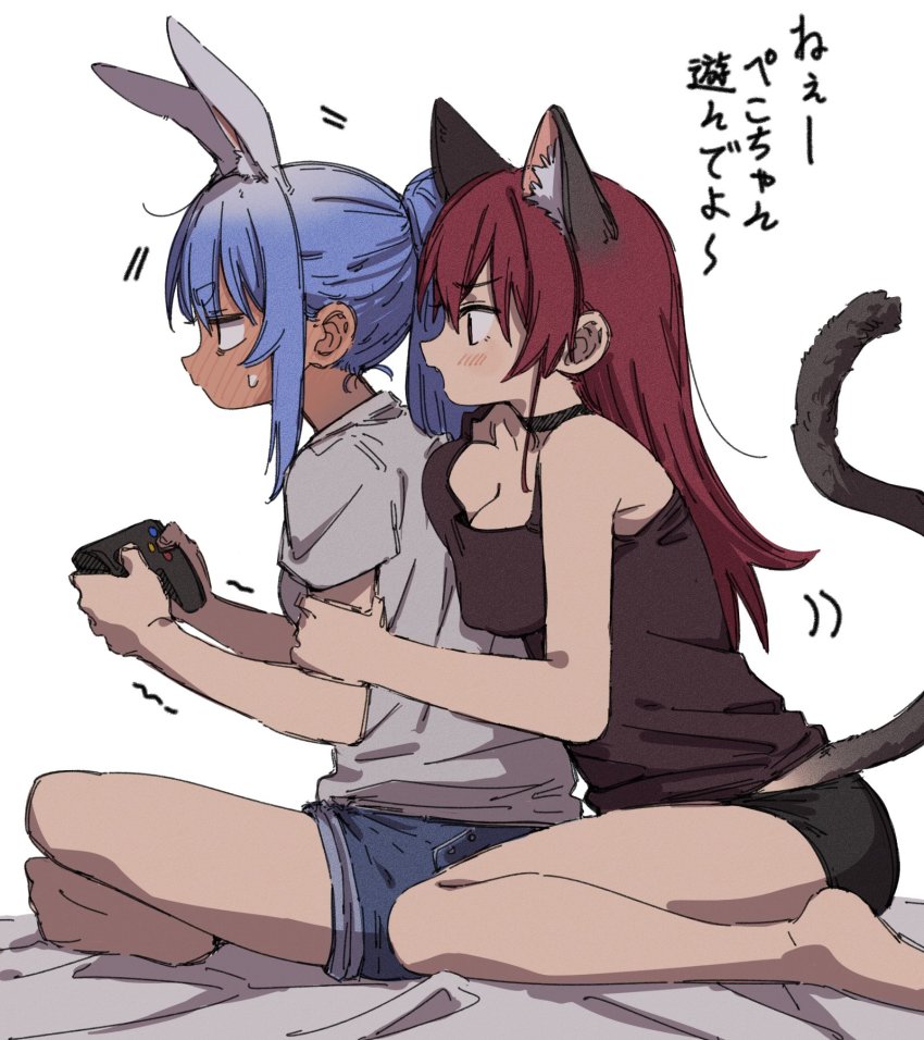 2girls, animal_ear_fluff, animal_ears, blue_hair, blush, breast_press, breasts, cat_ears