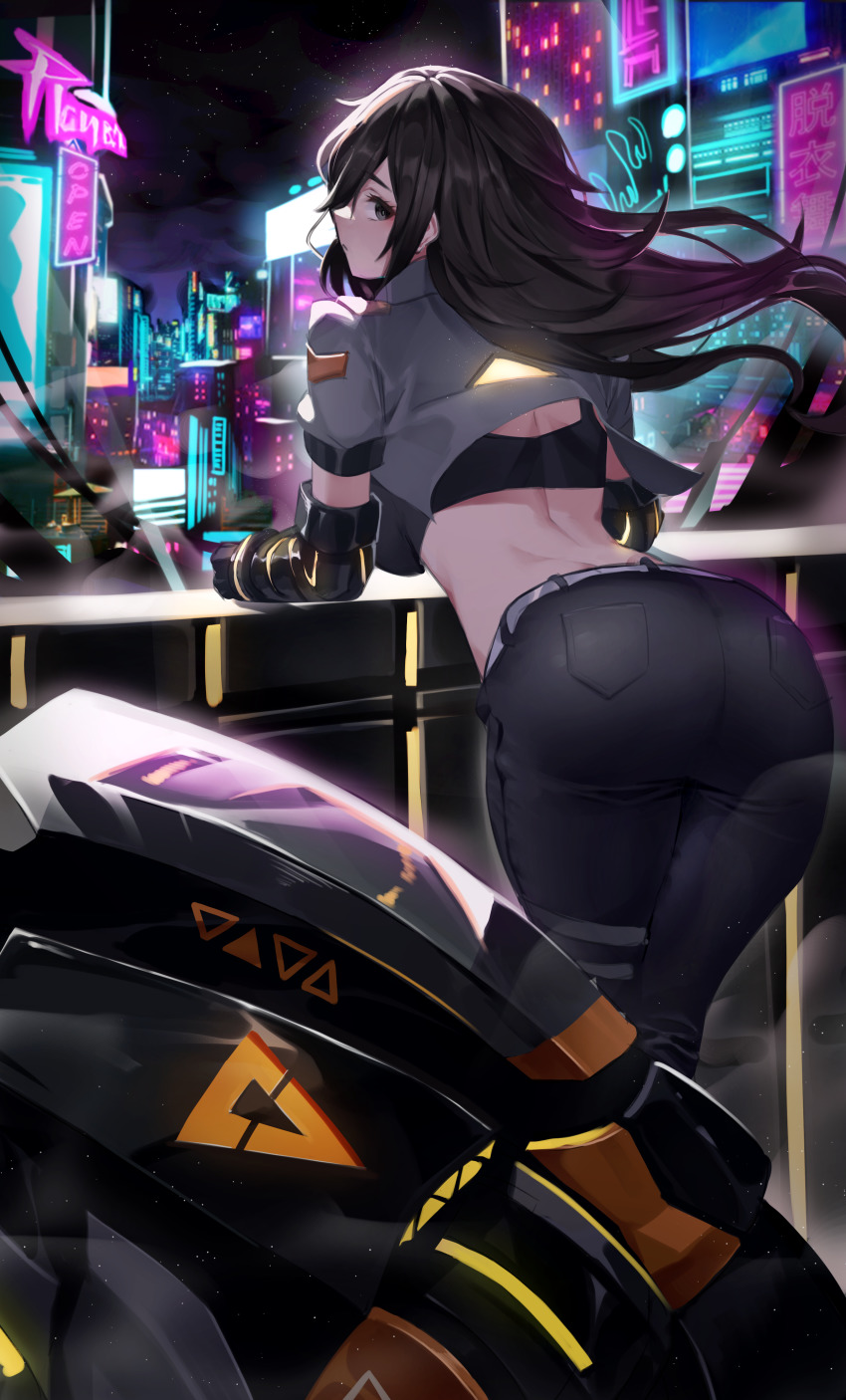 1girl, absurdres, against_railing, ass, black_eyes, black_hair, black_pants, black_shirt, breasts, building, city, city_lights, closed_mouth, commission, crop_top, cropped_jacket, cyberpunk, denim, floating_hair, grey_jacket, highres, jacket, jeans, long_hair, looking_at_viewer, looking_back, mechanical_arms, midriff, motor_vehicle, motorcycle, neon_lights, netural, night, original, pants, pixiv_commission, railing, science_fiction, sera_(judgemint), shirt, sky, solo, star_(sky), starry_sky, velt