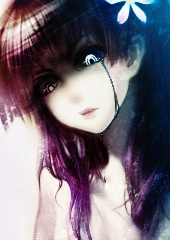 1girl, black_hair, black_sclera, blood, colored_sclera, female_focus, glowing, glowing_eyes